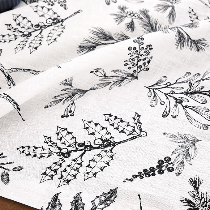 Solino Home 100% Pure Linen Christmas Table Runner 108 Inch Long - Black/White Table Runner 14 x 108 Inch - Handcrafted and Machine Washable - Winter Forest Print
