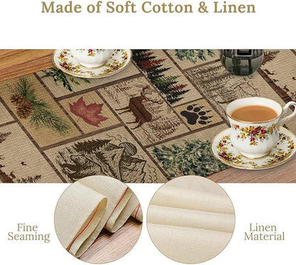 Rustic Cabin Table Runner, Farmhouse Deer Bear Retro Pine Forest Wooden Plank Wild Animal Seasonal Coffee Table Center Decor for Home Kitchen Dining Holiday Party Table Decorations 13x108 inches