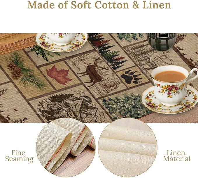 Rustic Cabin Table Runner, Farmhouse Deer Bear Retro Pine Forest Wooden Plank Wild Animal Seasonal Coffee Table Center Decor for Home Kitchen Dining Patio Holiday Party Table Decorations 13x90 inches