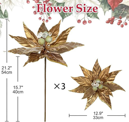 DILATATA 3 Pcs Artificial Christmas Flowers 13 Inch Glitter Poinsettia Picks Christmas Tree Ornaments Topper Decorations Bronze Poinsettias Flowers for Xmas New Year Wreath Garland Wedding Home Decor