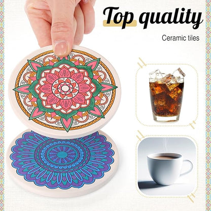 10 Pcs Ceramic Coasters for Drinks Color Your Own Coaster Set DIY Absorbent Cup Mat with 12 Markers and Cork Base Gift Arts and Crafts for Coffee Table Apartment Bar Home Decoration (Mandala)
