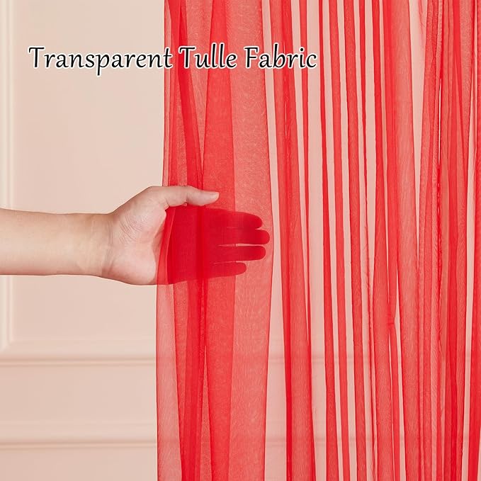 10x10ft Red Tulle Backdrop Curtain with Lights String for Parites, Sheer Backdrop Curtains for Christmas Wedding Baby Shower Birthday Party Photo Shoot Decorations