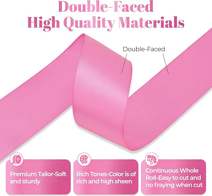 Hot Pink Satin Ribbon, Double Faced 1-1/2 Inch X 25 Yards Hot Pink Ribbon, Premium Satin Ribbons for Gift Wrapping, Crafts, Hair Bow Making, Sewing, Flower Bouquet, Wedding Party Decor
