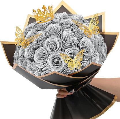 Waipfaru Glitter Roses Bouquet, DIY Fake Flowers Bouquet, Birthday Gifts for Women Mom, 36 Pcs Silver Rose for Grandma Wife Girlfriend Valentines, Mothers Day, Anniversary, Graduation