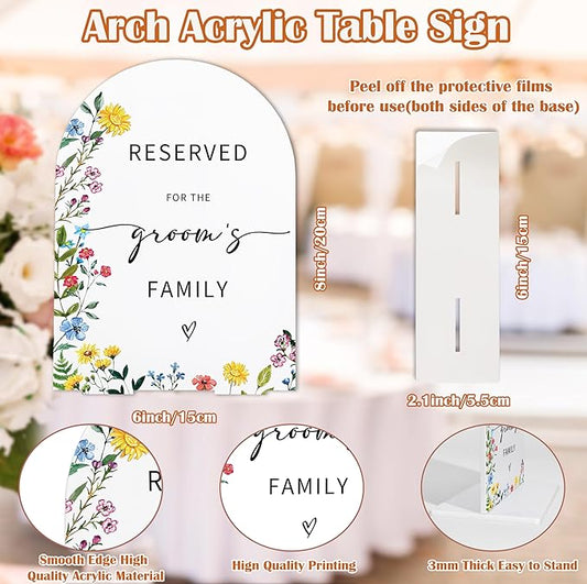 Acrylic Wedding Signs Reserved Table Sign for Reception, Reserved for The Groom's Family, 6x8" Floral Themed Arch Acrylic Table Decor, Love Is In Bloom Decorations for Bridal Shower Engagement