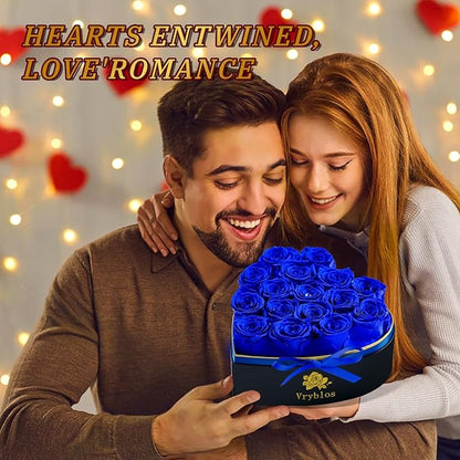 Forever Blue Roses in a Box Heart Shaped 16 Preserved Flowers for Delivery Grade A Quality 100% Real Immortal Flower Eternal Birthday for Her Mom Women Wife Girlfriends (Heart-Blue)