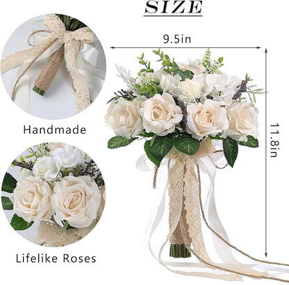 Wedding Bouquets Large for Bride Bridesmaid,White Champagne Artificial Roses Flowers for Wedding Church Decoration (9.5in)