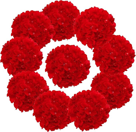 Fake Red Hydrangea Artificial Flowers - Faux Silk Hydrangeas Flowers Heads with Stems Real Touch for Home Wedding Party Table Decor(Red,Pack of 10)
