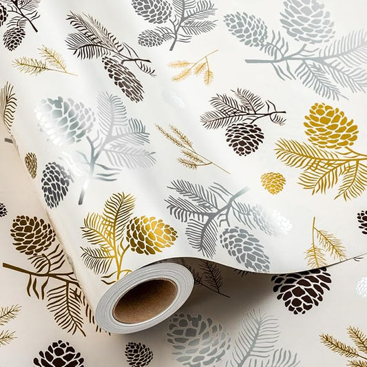 MAYPLUSS Luxury Christmas Wrapping Paper Roll - 17 Inch X 33 Feet - Beige Wrapping Paper with Gold and Silver Pine Cone, Needle Pattern Winter Motive Gift Wrap Paper for Christmas, Holiday, Birthday