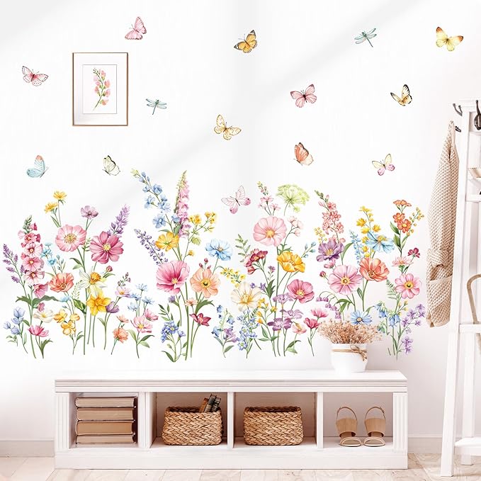 decalmile Flower Wall Decals Daisy Wildflower Grass Butterflies Wall Stickers Girls Bedroom Living Room Home Office Wall Decor