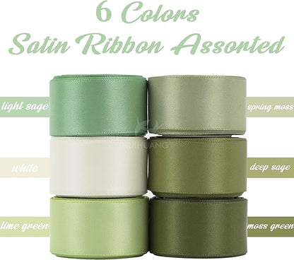 HUIHUANG Sage Green Satin Ribbon 1 inch Sage Double-Faced Silk Satin Ribbon for Gift Wrapping Flower Bouquet Wedding Baby Shower Decor Crafts- 6 Colors X 5 Yards Each
