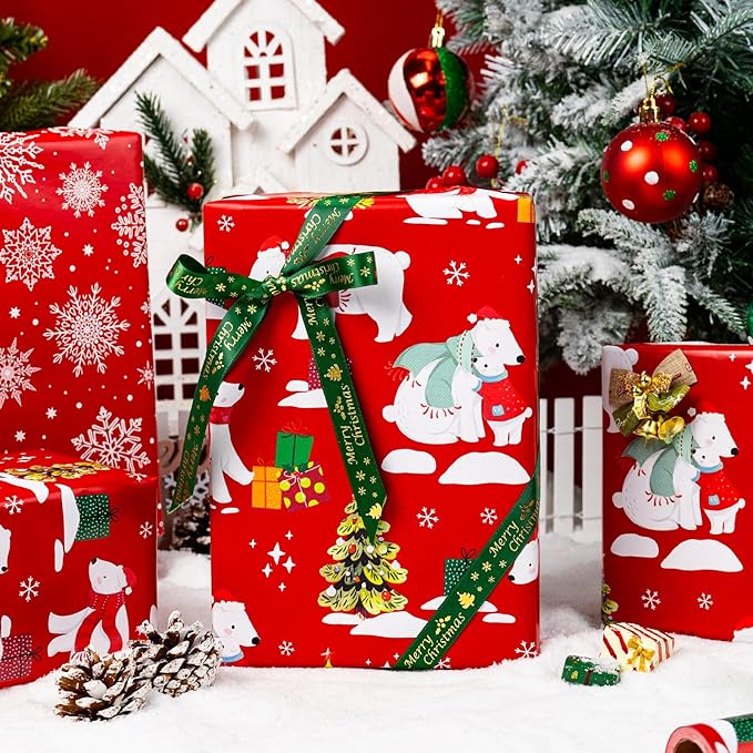 MAYPLUSS Christmas Wrapping Paper Roll - 17IN X 33FT - Red Gift Wrap Paper Featuring Christmas Tree Polar Bear Scarf Hat Reversible Snowflake for Kids, Holiday, New Year