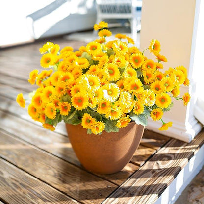 HyeFlora Dahlia Artificial Winter Flowers for Outdoors Decoration, 6 Bundles Fake Daisy Yellow Outdoor Faux Flower Plants Realistic UV Resistant Silk Flowers for Outside Planter Front Door Yard Garden