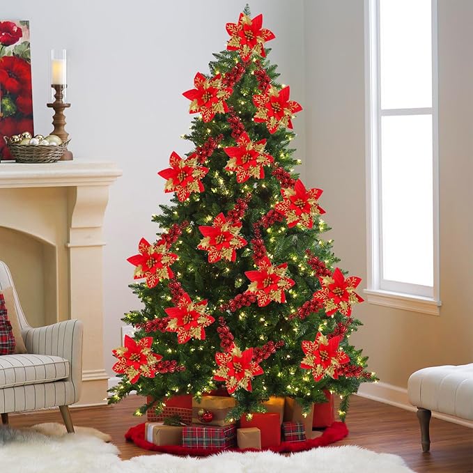 50pcs Glitter Poinsettia Christmas Ornaments, Artificial Flowers with Clips Stems for DIY Wreath Making, Holiday Home Party Decorations, Indoor Use (Red)