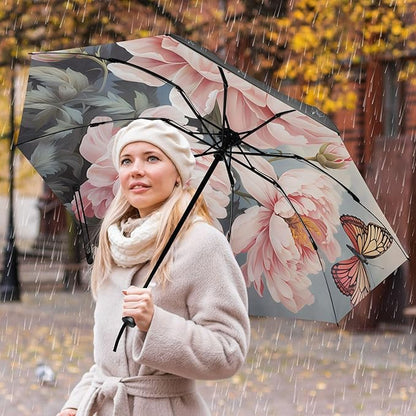 Automatic Folding Umbrella Windproof Strong, UV Protection Compact Floral Hydrangea Hummingbird Sun Rain Sun Rain Travel Umbrellas for Women Men