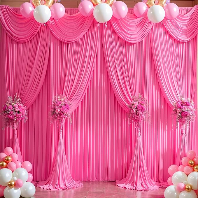 Hot Pink Backdrop Curtain 8 Panels-Wrinkle-Free Polyester Photography Drapes for Wedding Party Photo Background Decorations- 32 X10FT (Hot Pink)