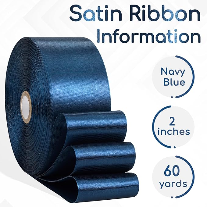 Navy Blue Ribbon 2 Inch, 60 Yards Dark Blue Satin Ribbon for Gift Wrapping, Crafts, Birthday Party, Flower Bouquet, Bows, Wedding and Festival Decor