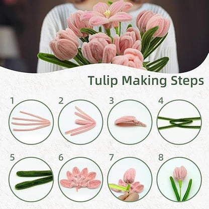 400 Pcs Pipe Cleaners Craft Kit, Pipe Cleaners Bulk Multicolors, Chenille Stems for DIY Flower Bouquet Making Kit with Tape, Floral Wires,Stamen & Ribbon, Pearls, Wrapping Paper(Pink)