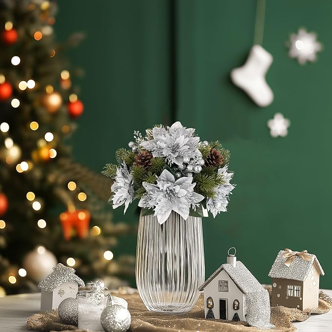 BLOSMON Poinsettias Artificial Christmas Flowers: 6 Pcs Silver Glitter Fake Christmas Floral Ball Centerpieces Decoration for Tables Silk Faux Poinsettia Holiday Flower Arrangement Xmas Plants Decor
