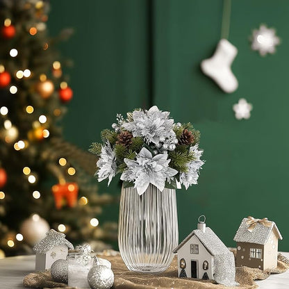 BLOSMON Poinsettias Artificial Christmas Flowers: 2 Pcs Silver Glitter Fake Christmas Floral Ball Centerpieces for Tables Decoration Silk Faux Poinsettia Holiday Flower Arrangement Xmas Plants Decor