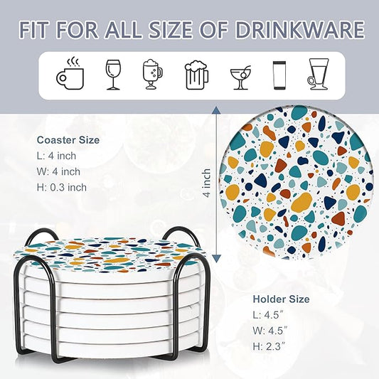 6 Pcs Coasters for Drinks with Holder, Terrazzo Marble Absorbent Ceramic Coasters with Cork Base,Cute Funny Table Drinks Coasters Tabletop Protection Mat,Table Home Decor,4 Inches