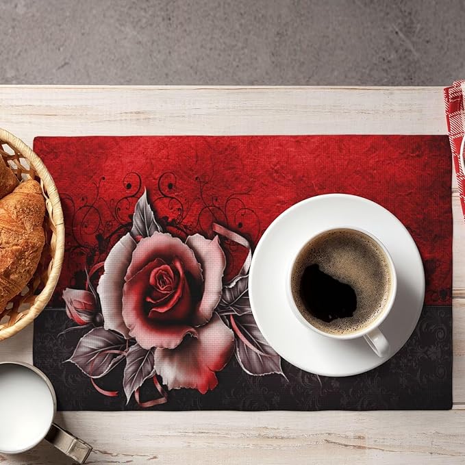 Rose Linen Table Placemats Set of 4 Vintage Flowers Place Mats for Home Party Kitchen Indoor Holiday Rustic Washable Heat Resistant Table Mats 12 x 18 Inch