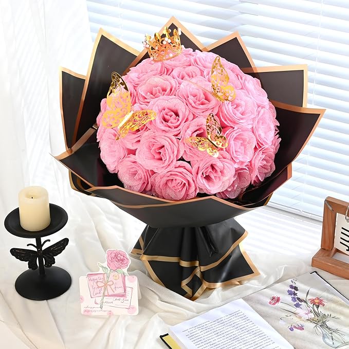 Waipfaru Glitter Roses Bouquet, DIY Fake Flowers Bouquet, Birthday Gifts for Women Mom, 24 Pcs Pink Rose for Grandma Wife Girlfriend Valentines, Mothers Day, Anniversary, Graduation