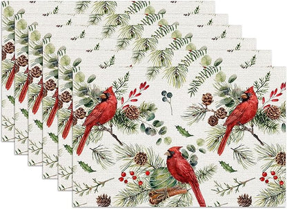 Red Cardinal Placemats Set of 6, Christmas Berry Bird Linen Place Mat Washable Stain Resistant Table Mats for Farmhouse Kitchen Dining Party Wedding Decor 12x18 Inch