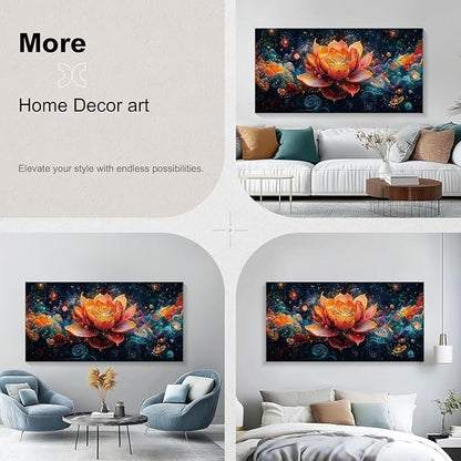 Iallbin Zen Stone Wall Art & Zen Wall Decor, Uminous Ornate Flower With Golden-Orange Petals -for Yoga Meditation Room, Spa & Bathroom, Golden Stamen Art Deco Style, Ready to Hang, 58x29 Inches