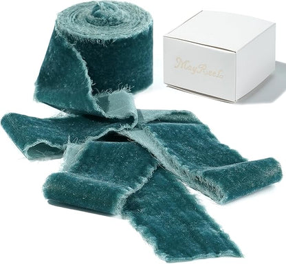 MAYREEL 2 Inch Steel Blue Velvet Ribbon Hand Torn Sky Blue Silk Frayed Edge for Bridal Bouquets Invitations Wedding Vow Books Gift Baskets Hair Bows 3 Yards