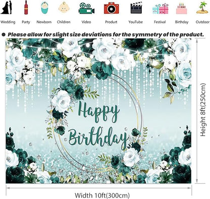 Renaiss 10x8ft Floral Happy Birthday Backdrop for Woman Fabric Green White Flowers Blooming Flower Photography Background Shinning Diamond Photo Backdrops for Birthday Party Supply