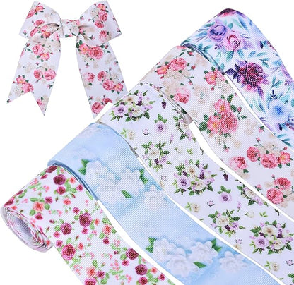 Floral Grosgrain Ribbon, 5 Rolls Flower Pattern Ribbon Spring Summer Fabric Decorative Craft Ribbon Roll for Gift Wrapping Decor Hair Bow Sewing Wreath Crafts (Mixed Color, 1-1/2Inch X 10Yards)