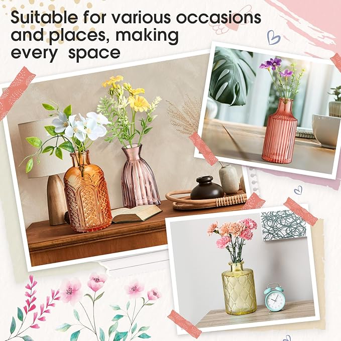 Yaomiao 30 Pcs Vases Bulk Colored Flower Glass Christmas Vases Bud Vintage Colored Glass Bottles Colorful Rustic Embossed for Home Wedding Table Decorations Gifts(Orange Yellow Series)