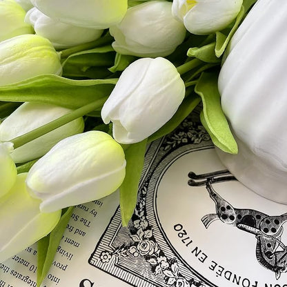 UKELER 24 Pcs Tulip Artificial Flowers White&Green Real Touch PU Tulip Flowers for Floral Arrangement Centerpiece Wedding Bouquet Table Decoration Birthday Mother Gift