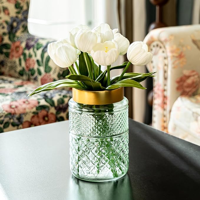 2-Pack Flower Vase Glass, 7.6 inch Green Fluted Vase with Golden Metal Top,Stylish Decorative for Tabletop Centerpiece, Kitchen,Living Room,Bedroom,Bathroom,Office