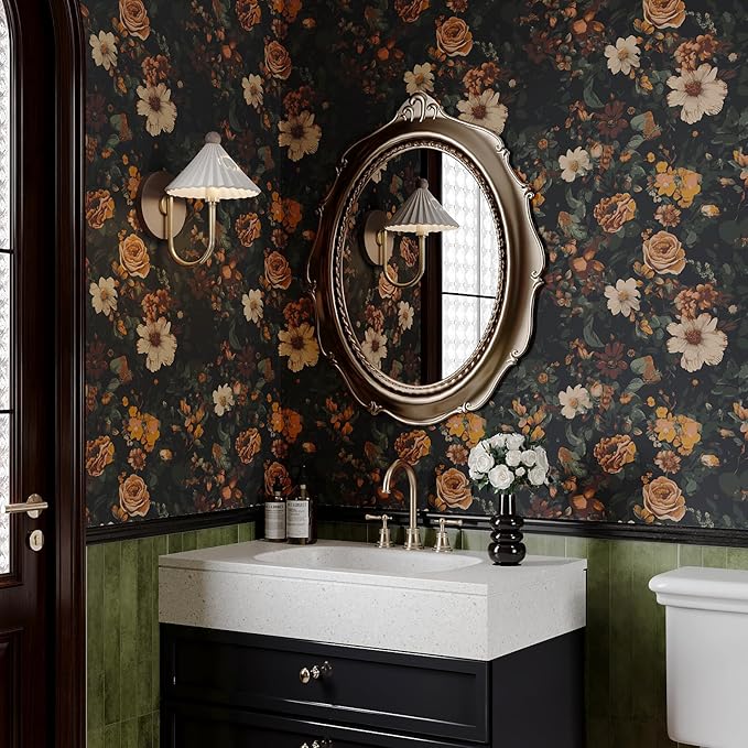 VEELIKE Retro Dark Floral Peel and Stick Wallpaper Vintage Floral Wallpaper for Bedroom Bathroom 17.7''x118'' Moody Flower Wallpapers Self Adhesive Removable Botanical Contact Paper for Cabinets Walls