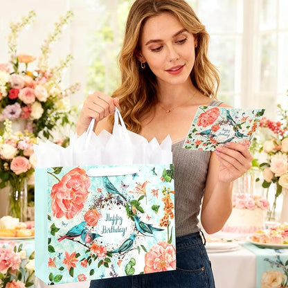 ASYEHJNR 13" Large Size Happy Birthday Gift Bag Teal Happy Birthday Sign with Birds Butterflies Floral Flower Pattern Retro Gift Bag with Greeting Card and Tissue Paper and Handle Ribbon for Girls Women Bday