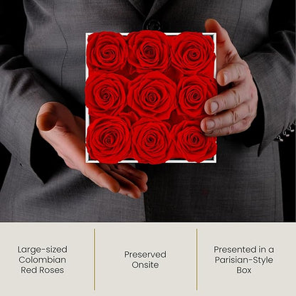 The Eternity Rose 9-Piece Preserved Roses in a Luxury Gift Box – Real Roses in Square White Box – A Valentine’s Gift as Everlasting as Your Love