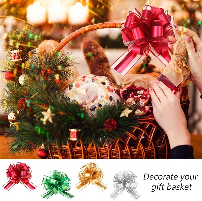 WILLBOND 20 Pieces 6 Inch Pull Bows Gift Wrapping Ribbon Pull Bows for Christmas Wedding Baskets Valentine Multicolor Wrap Accessory for Gift Present Holiday Decor(Green, Red, Gold, Silver)