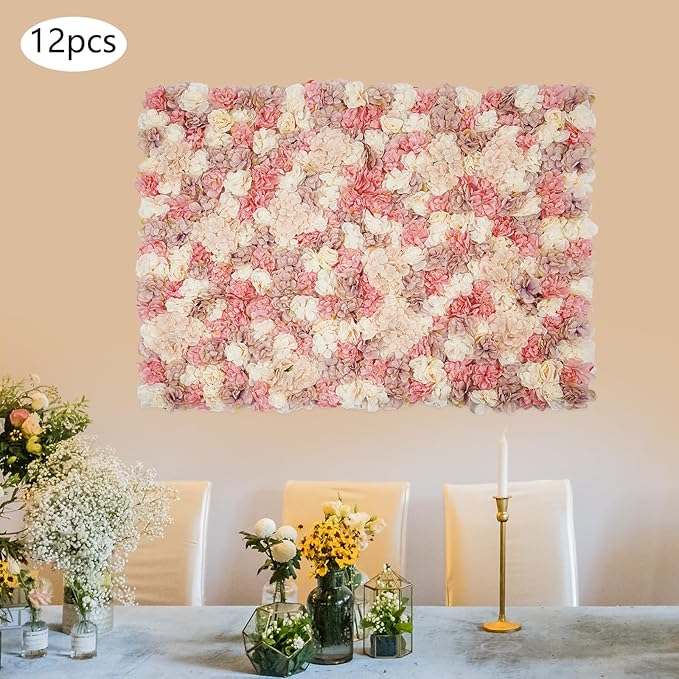 12Pcs Artificial Flower Wall Panel 3D Floral Backdrop Walls15 X 15" Flower Wall Decor Panel Flower Backdrop for Party Home Background Decor-Champagne, White, Pink