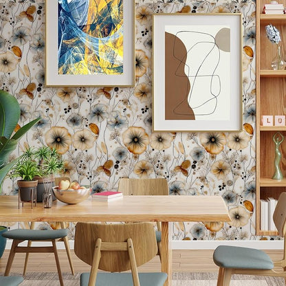 Watercolor Floral Peel and Stick Wallpaper Amber and Blue Leaf Gold Self Adhesive Removable Floral Wall Paper Renter Friendly Contact Paper for Bedroom Bathroom Walls Shelf Liner 17.71"X118.1"