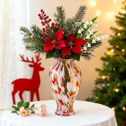 QFkris Hand Blown Glass Vase for Flowers, 12 Inch Tall Crystal Flower Vases for Bouquet Home Decor Decorative Centerpieces, Unique for Mom, Valentine's Day Gift for Her Lover Girlfriend