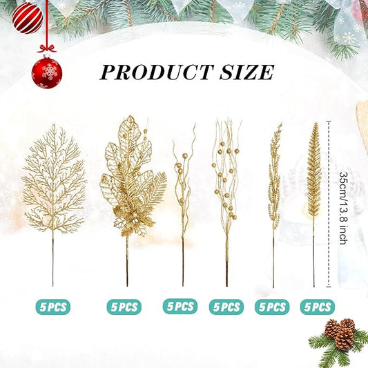 30 Pcs Artificial Christmas Tree Picks and Sprays Glitter Berry Stem Branches Holly Floral Picks Twigs Christmas Tree Ornaments for DIY Xmas Wreath Vase Filler Decorations(Gold)