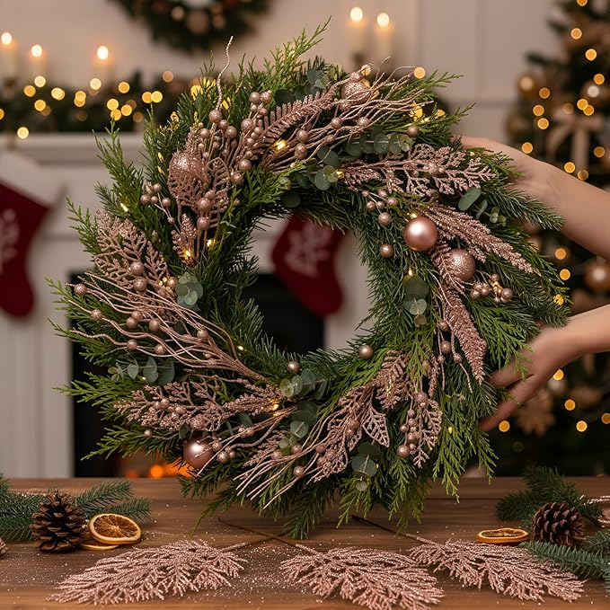 30 Pcs Artificial Christmas Tree Picks and Sprays Glitter Berry Stem Branches Holly Floral Picks Twigs Christmas Tree Ornaments for DIY Xmas Wreath Vase Filler Decorations (Rose Gold)