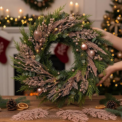 30 Pcs Artificial Christmas Tree Picks and Sprays Glitter Berry Stem Branches Holly Floral Picks Twigs Christmas Tree Ornaments for DIY Xmas Wreath Vase Filler Decorations (Rose Gold)