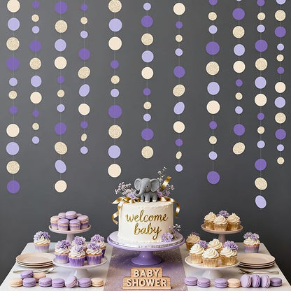 Champagne Gold Purple Cream Nude Polka Dots Garland Lavender Hanging Paper Circle Dot Streamer for Birthday Wedding Engagement Baby Shower Bridal Shower Lilac Violet Theme Party Decorations Supplies
