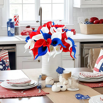 SITUMEIZI 24 PCS 4th of July Flowers Artificial Calla Lily Fake Silk Patriotic Flowers Real Touch for Independence Day Home Kitchen Decor Table Centerpiece Decoration(Mix,3)