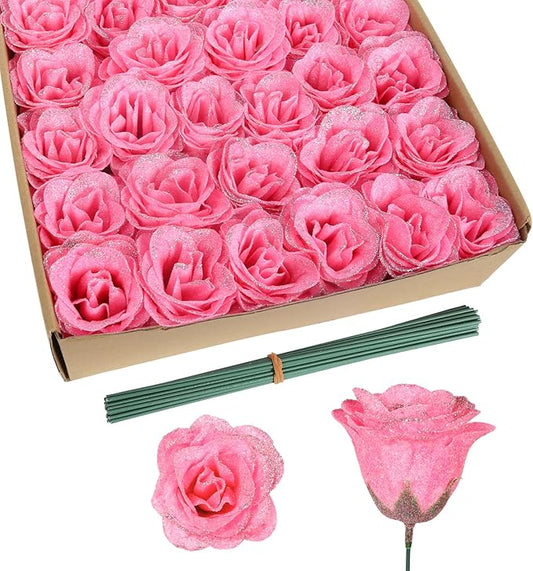 Pink Glitter Roses,30PCS Glitter Flowers Bouquet Artificial Roses with Stems for Wedding Party Christmas Home Decor(Pink with Silver Glitter)