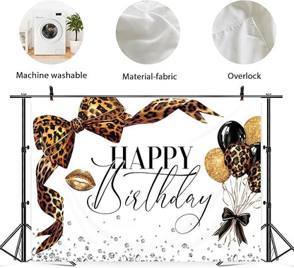 Leopard Print Bow Happy Birthday Backdrop 7Wx5H Photography Coquette Brown White Gold Bowknot Balloons Diamond Bownot Background Girly Party Decorations Banner Photo Booth Props Supplies