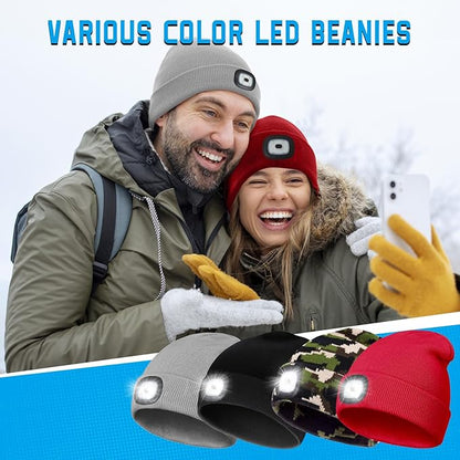 Christmas Stocking Stuffers for Men Adults, Beanie Hats with Light, USB Rechargeable LED Hand Free Headlamp, Birthday Gifts for Men, Women, and Teens, Ideal for Camping, Hiking, 2 Pack, Red